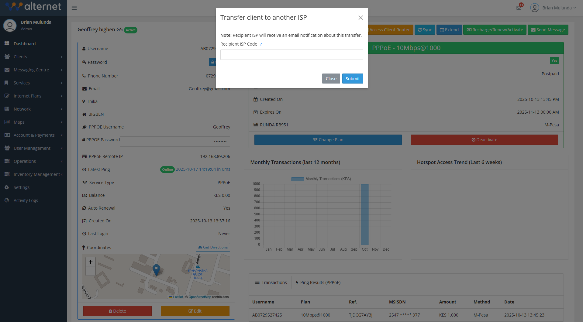 Transfer Client to isp